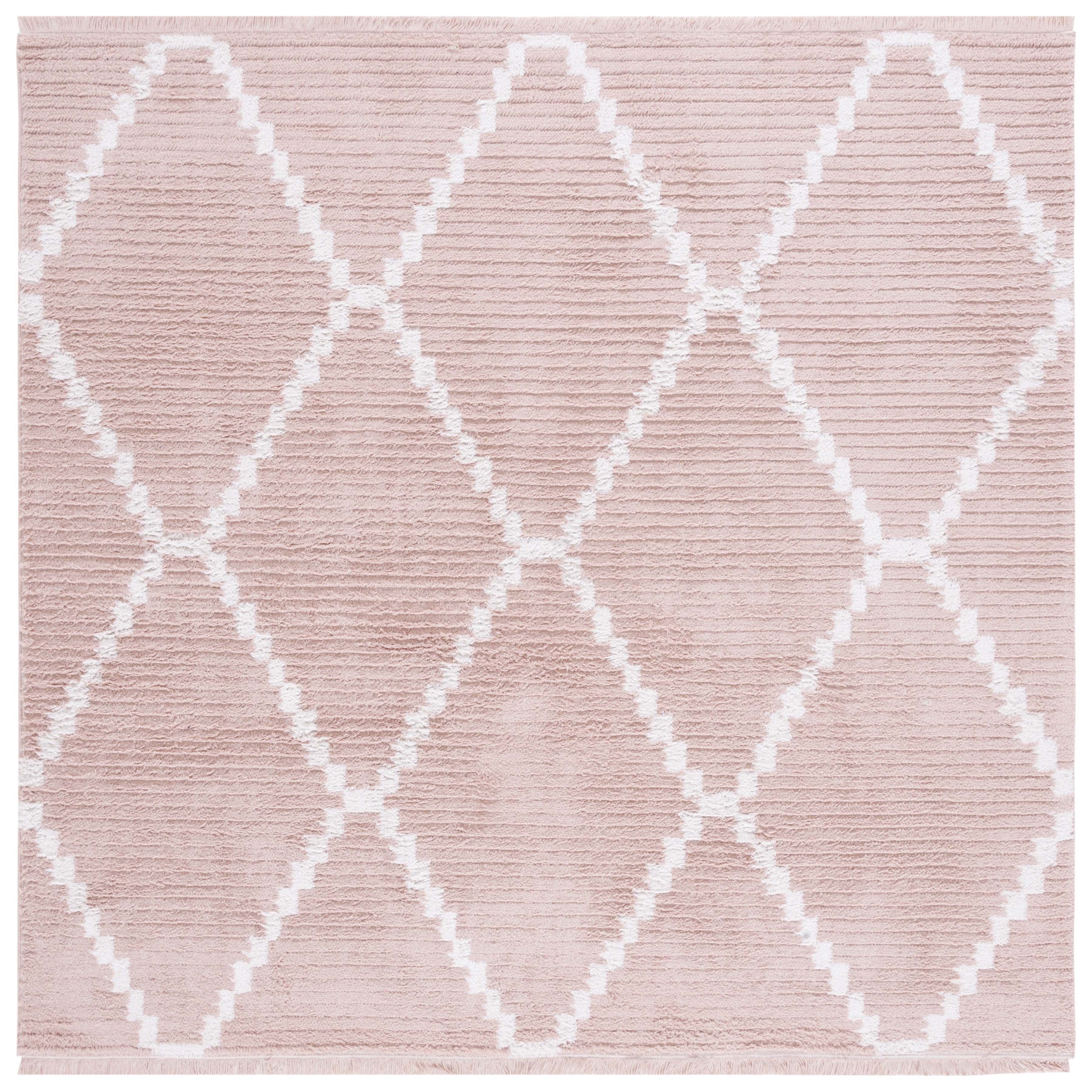 Boho-Mod Ivory and Pink Square Trellis Area Rug