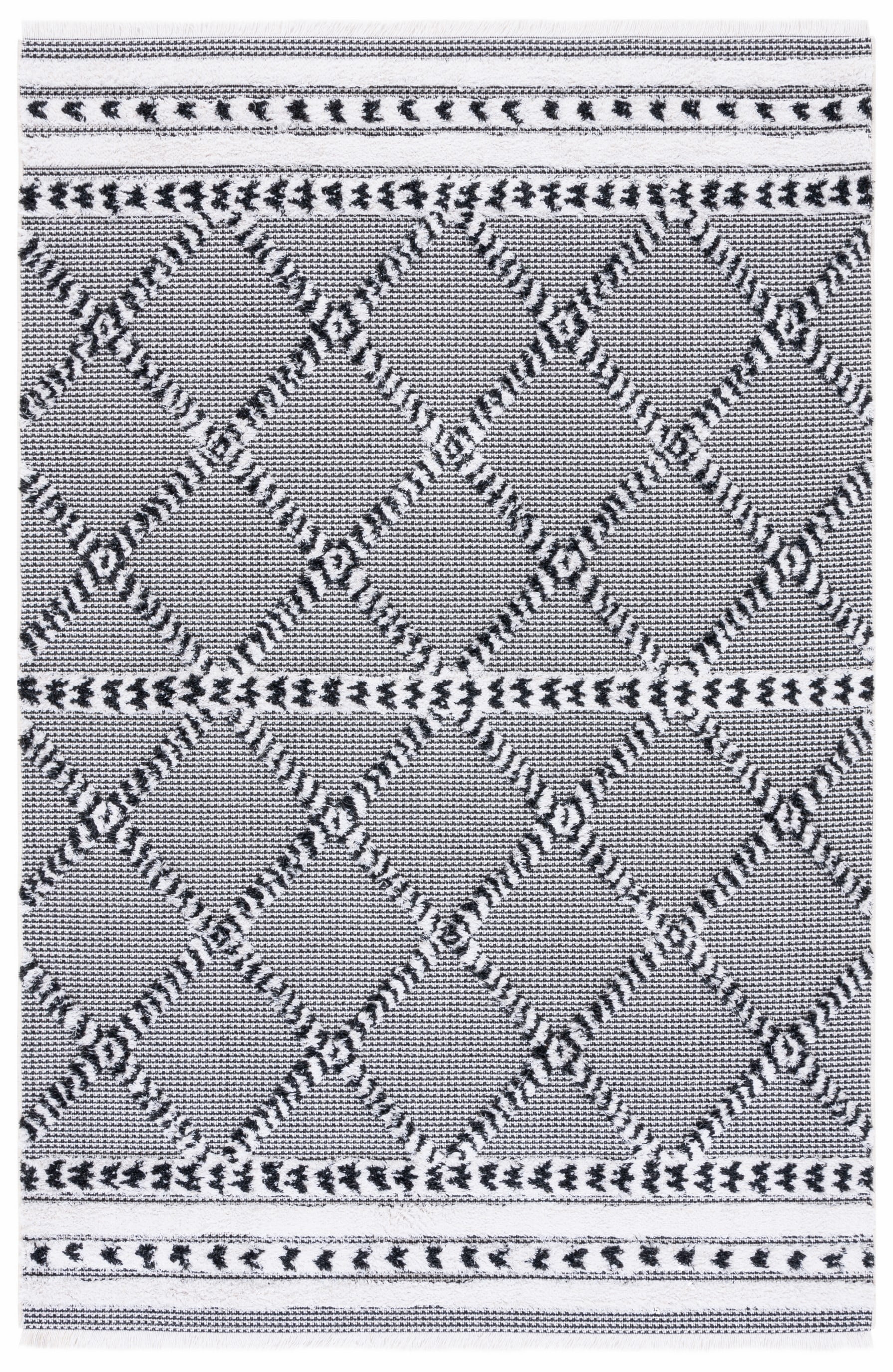 Black and Ivory Geometric Synthetic Flat Woven Area Rug, 4' x 6'
