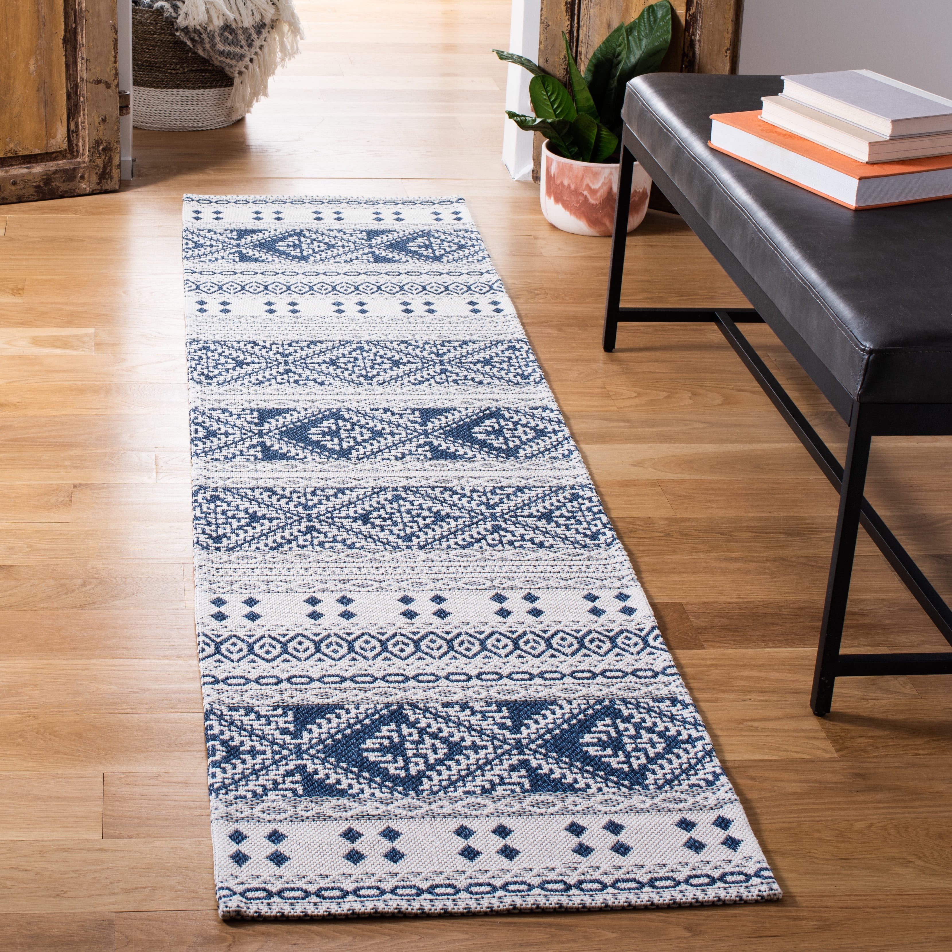 SAFAVIEH Augustine Willoughby Southwestern Runner Rug, Navy/Creme, 2' x 8'