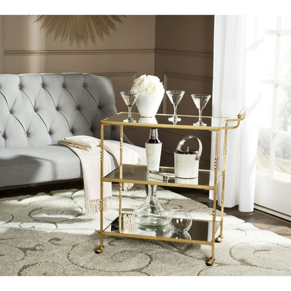 SAFAVIEH Aurelius 3-Tier Bar Cart with Handle and Casters, Gold/Mirror
