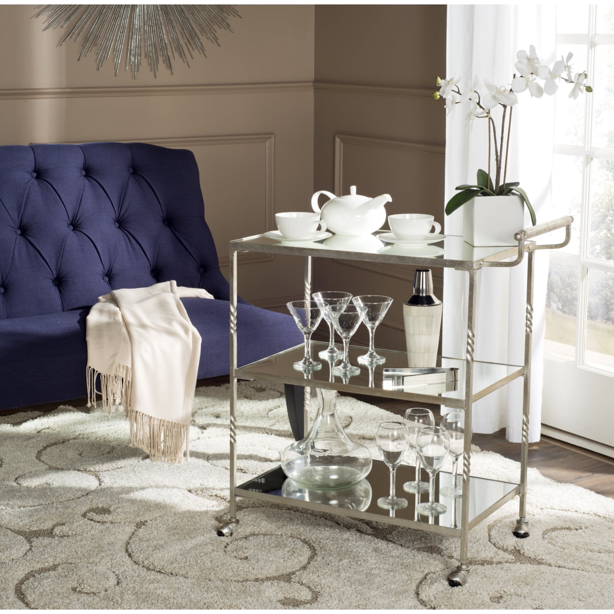 Aurelius 30" Silver Iron and Mirror Bar Cart with Storage