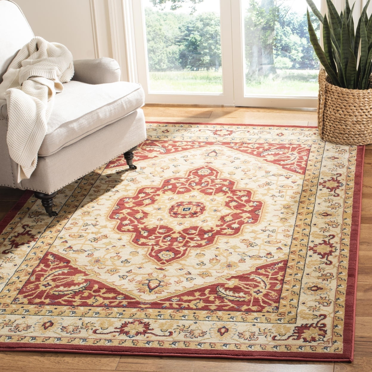 Cream and Red Synthetic Floral Motif Area Rug, 5'3" x 7'6"