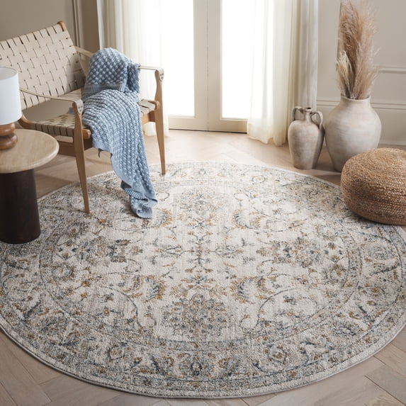 SAFAVIEH Avalon Malandra Floral Polyester Area Rug, Ivory/Blue Gold, 6'7" x 6'7" Round