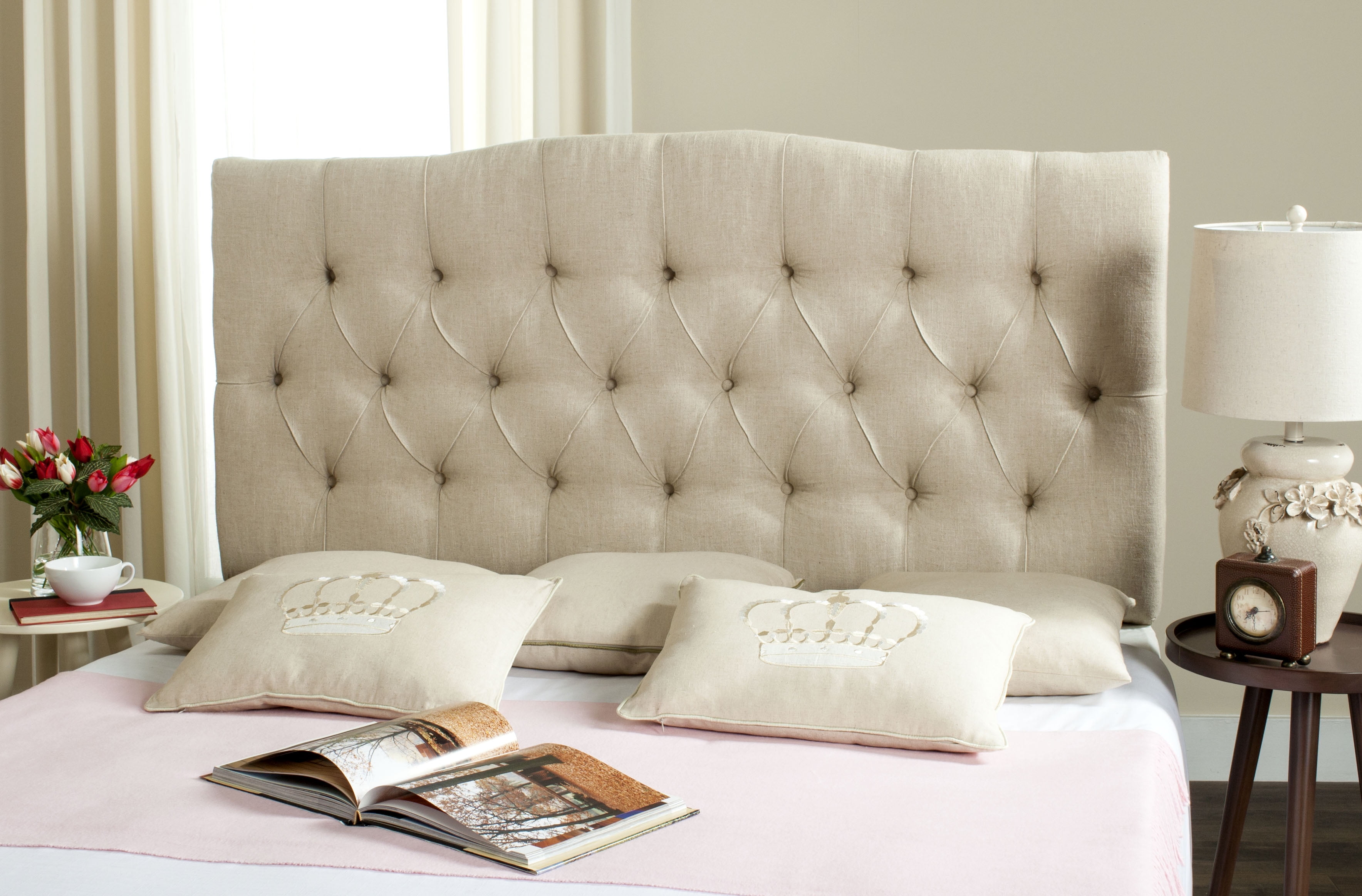 Beige Linen Tufted Queen Upholstered Headboard