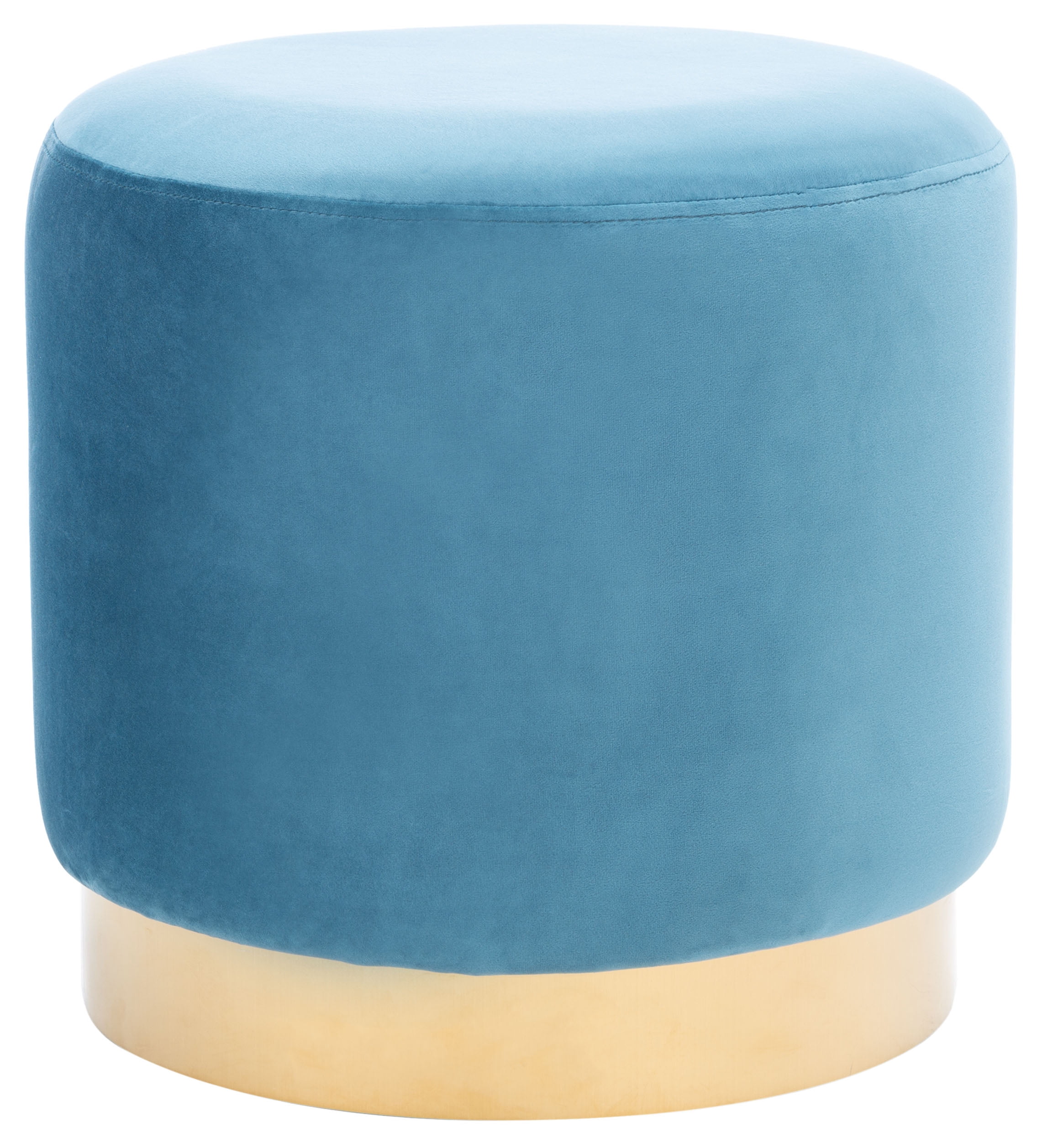 Sky Blue Velvet and Gold Round Ottoman