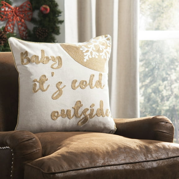 SAFAVIEH Baby It's Cold Outside 18" x 18" Holiday Pillow, Beige/Gold