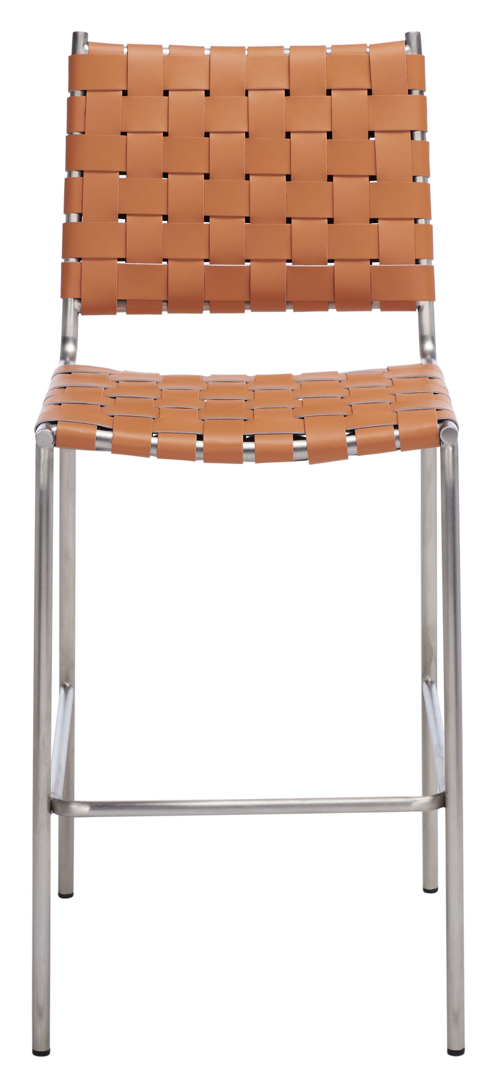 Cognac Leather and Silver Metal Saddle Counter Stool