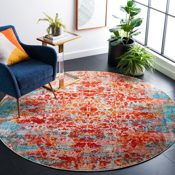 SAFAVIEH Bahia Salvador Abstract Polyester Machine Washable Area Rug, Light Blue/Red, 6'7" x 6'7" Round