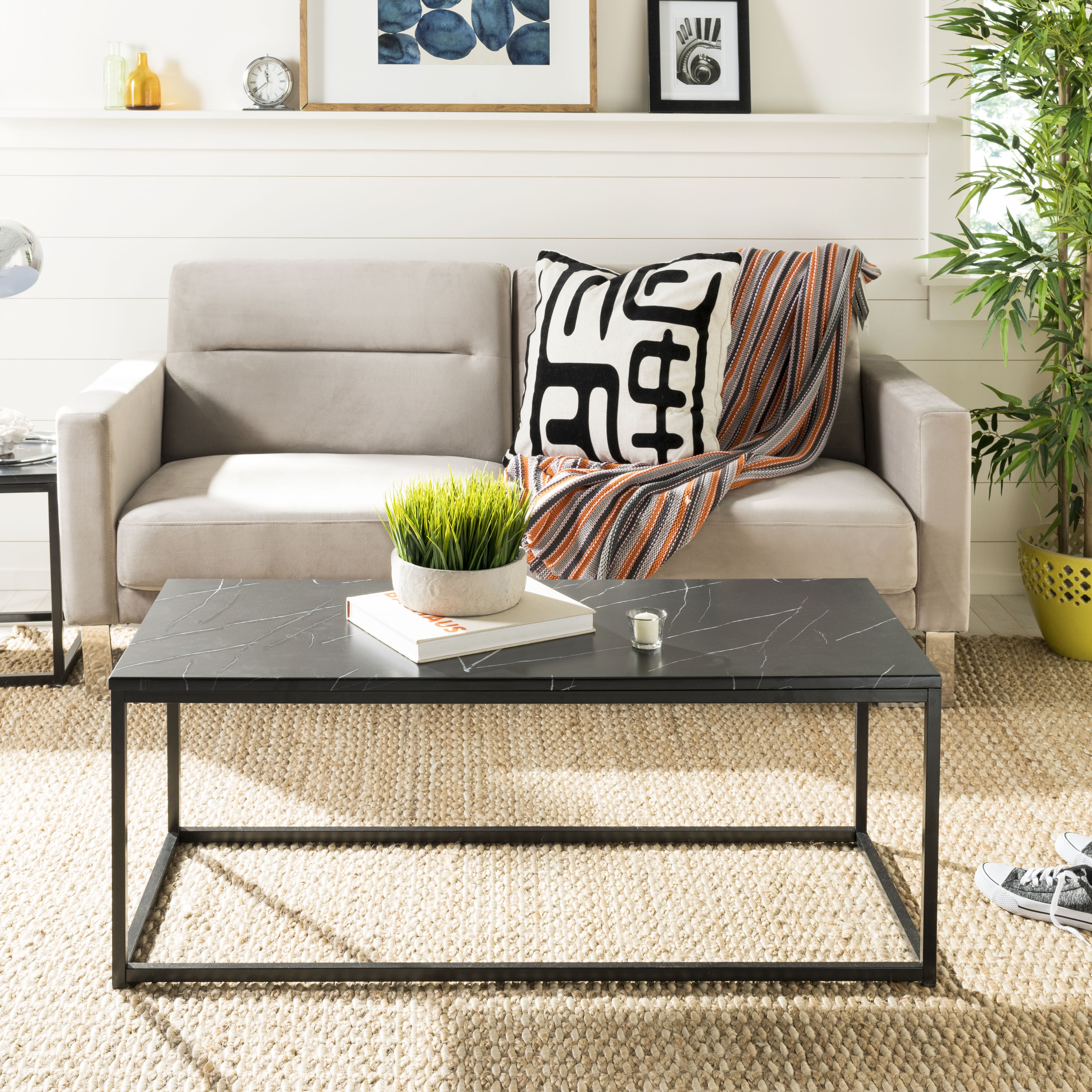 Baize Black Marble and Metal Rectangular Coffee Table