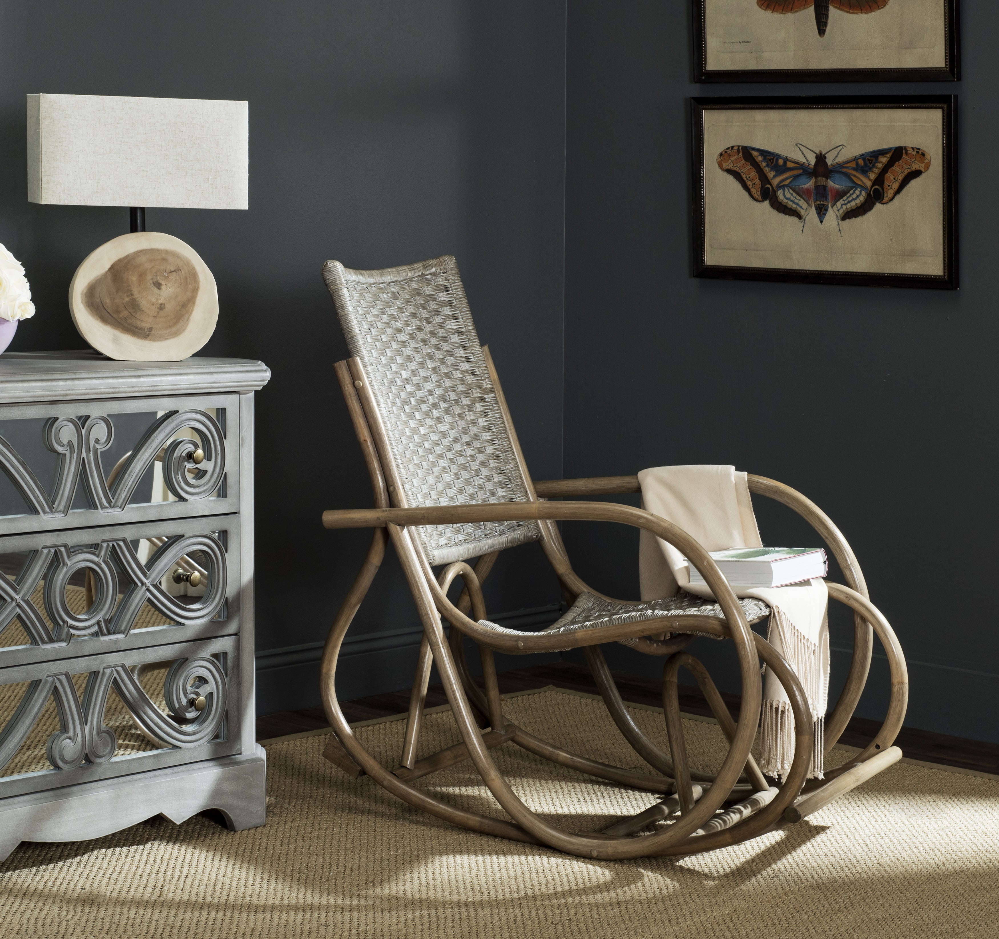Antique Gray Rattan and Hardwood Rocking Arm Chair