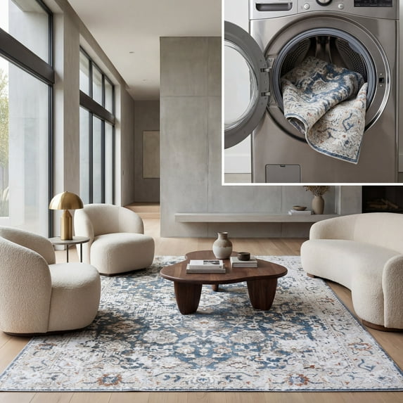 SAFAVIEH Baltimore Dimas Distressed Polyester Machine Washable Area Rug, Light Gray/Blue, 9' x 12'
