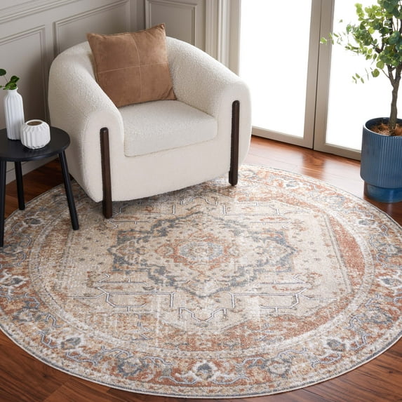 SAFAVIEH Baltimore Tamara Medallion Polyester Machine Washable Area Rug, Beige/Rust, 6'7" x 6'7" Round