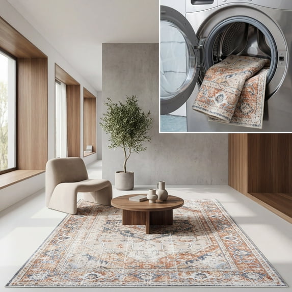 SAFAVIEH Baltimore Tamara Medallion Polyester Machine Washable Area Rug, Beige/Rust, 6'7" x 6'7" Square