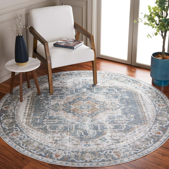 SAFAVIEH Baltimore Tamara Medallion Polyester Machine Washable Area Rug, Light Gray/Blue, 6'7" x 6'7" Round