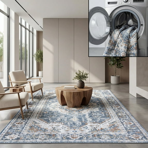 SAFAVIEH Baltimore Tamara Medallion Polyester Machine Washable Area Rug, Light Gray/Blue, 9' x 12'