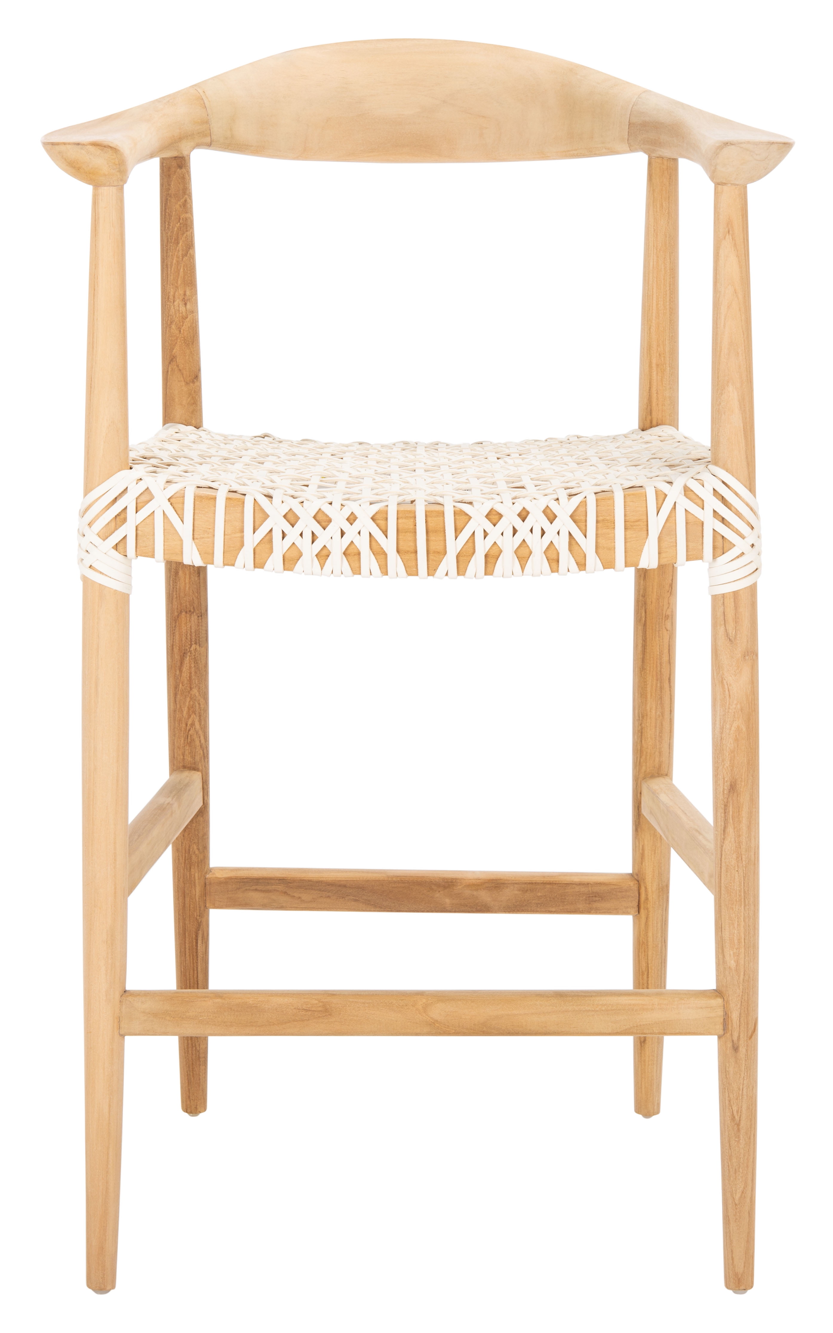 Curved Natural Teak & Woven White Leather Counter Stool