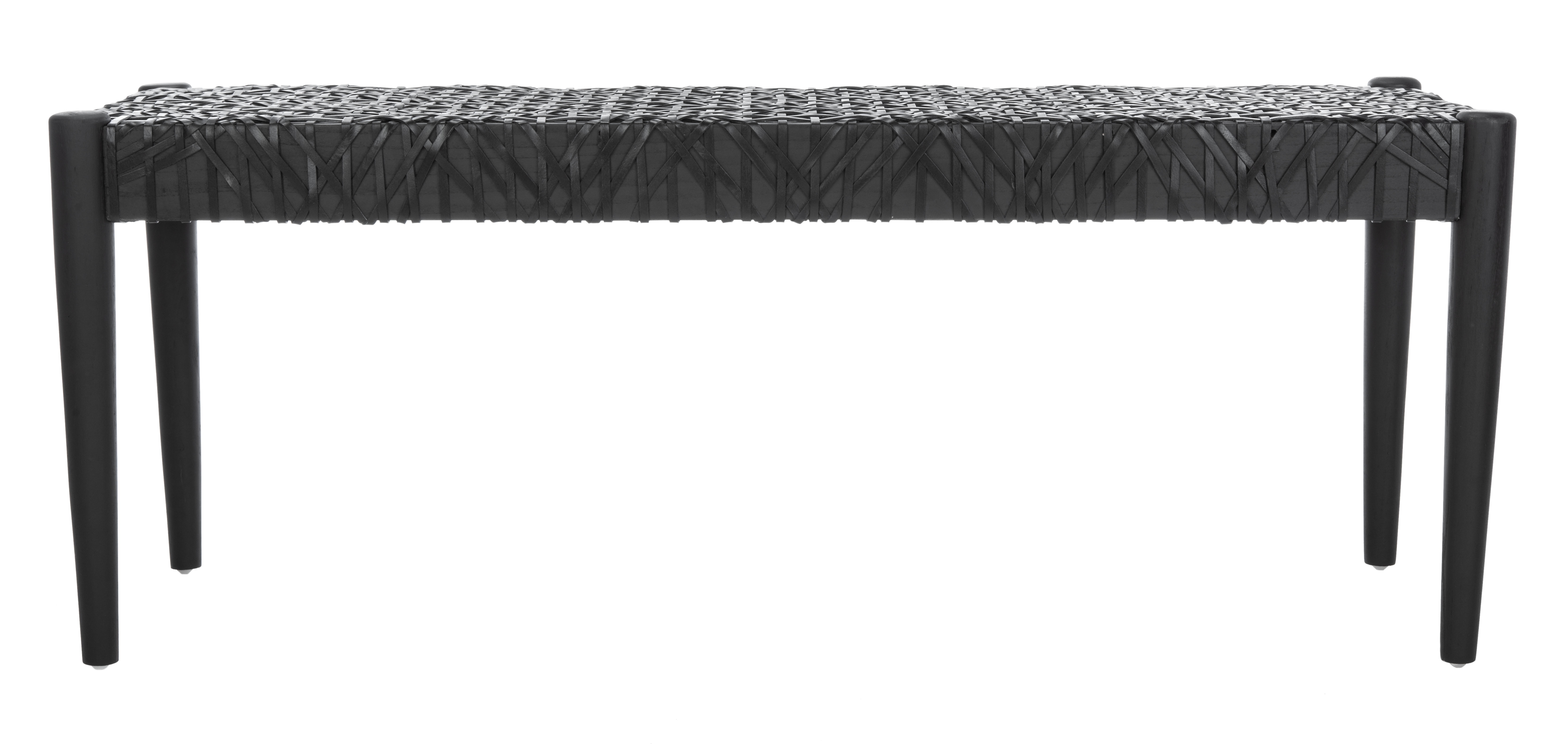 Alpine Elegance Black Cowhide Leather and Teak Bench, 47"