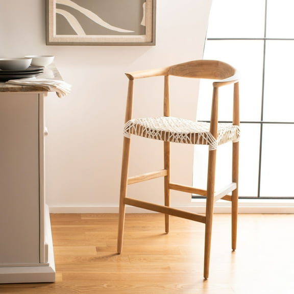 SAFAVIEH Bandelier Farmhouse Leather Woven Barstool, White