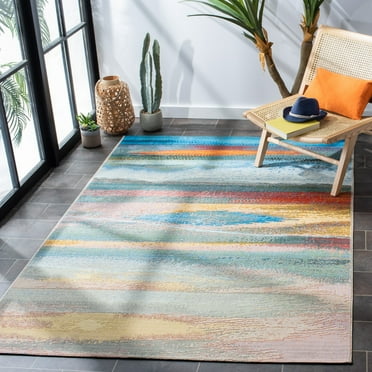SAFAVIEH Barbados Abstract Beach Outdoor Area Rug, 5'3" x 7'6", Light Blue/Pink