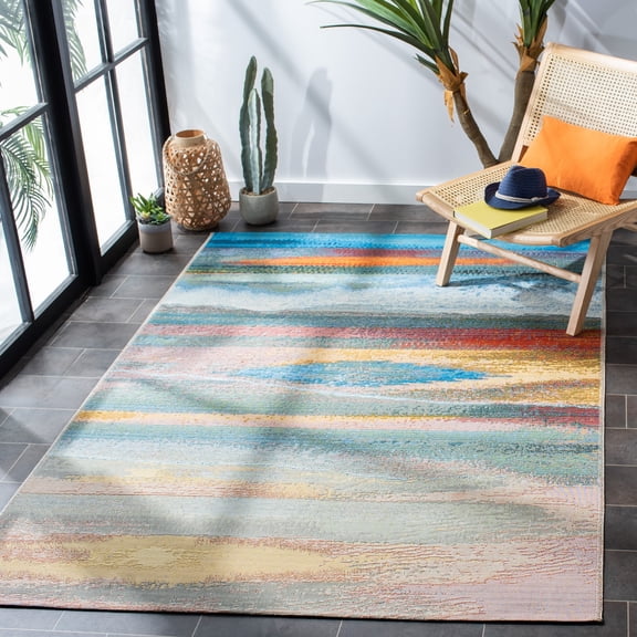 SAFAVIEH Barbados Abstract Beach Outdoor Area Rug, 6'6" x 9'4", Light Blue/Pink