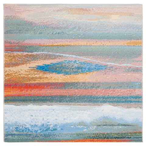 SAFAVIEH Barbados Abstract Beach Outdoor Area Rug, Light Blue/Pink, 5'3" x 5'3" Square
