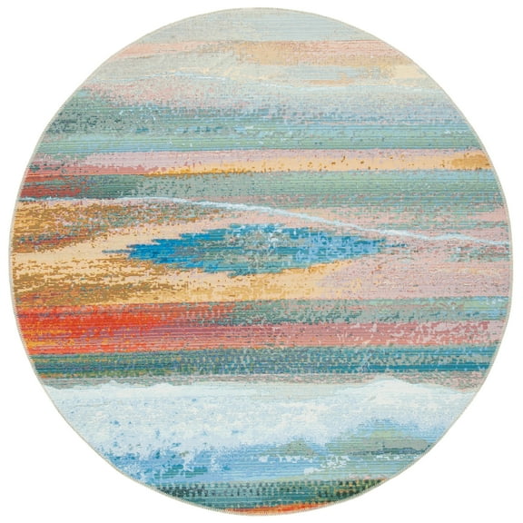 SAFAVIEH Barbados Abstract Beach Outdoor Area Rug, Light Blue/Pink, 6'6" x 6'6" Round