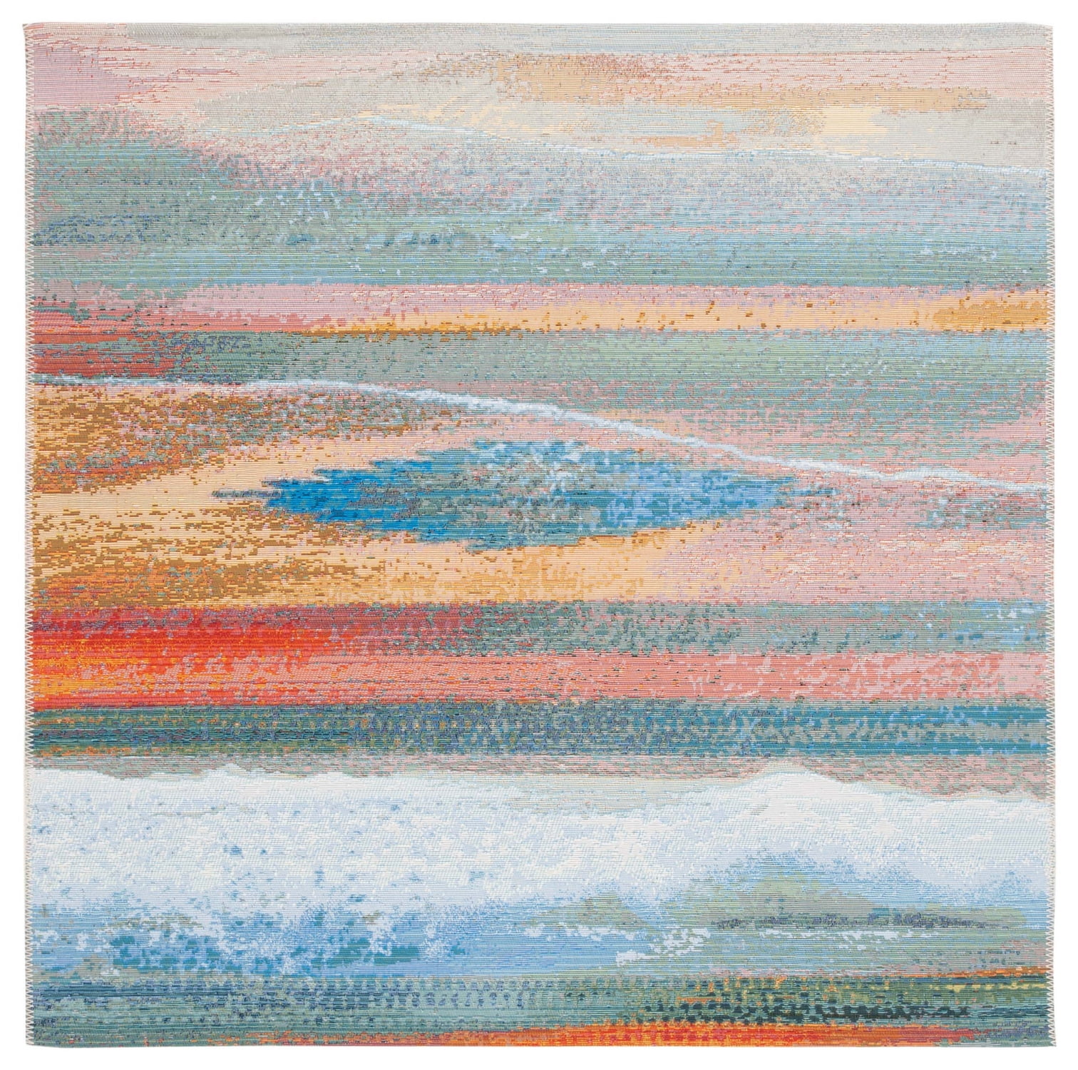 SAFAVIEH Barbados Abstract Beach Outdoor Area Rug, Light Blue/Pink, 6'6" x 6'6" Square