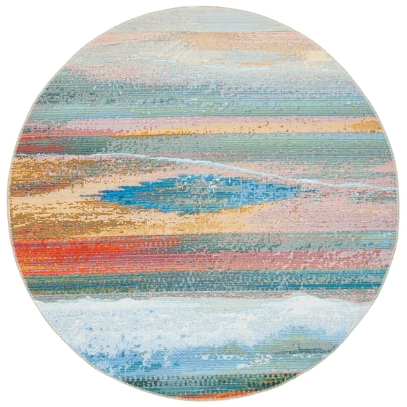 SAFAVIEH Barbados Abstract Beach Outdoor Area Rug, Light Blue/Pink, 8' x 8' Round