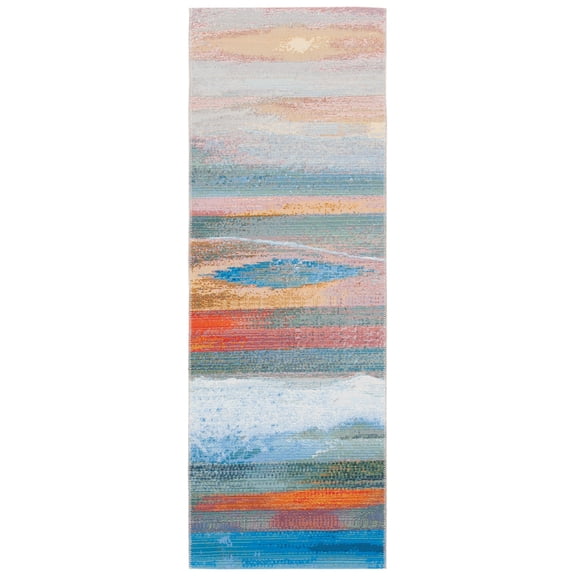 SAFAVIEH Barbados Abstract Beach Outdoor Runner Rug, Light Blue/Pink, 2'8" x 10'5"