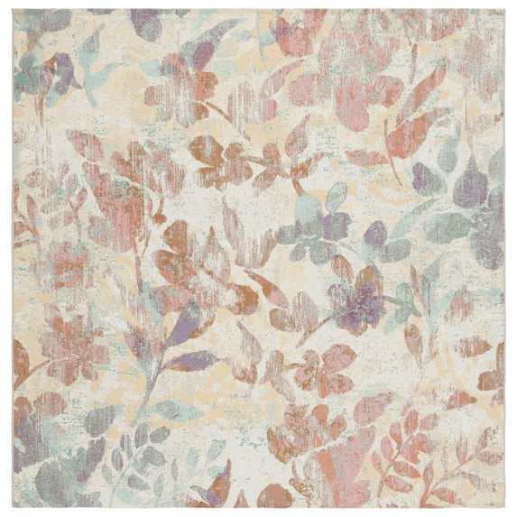 SAFAVIEH Barbados Andy Botanical Indoor/Outdoor Area Rug, Beige/Red, 6'6" x 6'6" Square