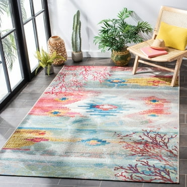 SAFAVIEH Barbados Aztec Corals Outdoor Area Rug, Light Blue/Pink, 6'6" x 9'4"