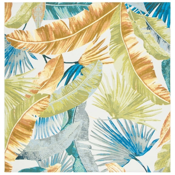 SAFAVIEH Barbados Banana Leaves Outdoor Area Rug, Gold/Green, 5'3" x 5'3" Square