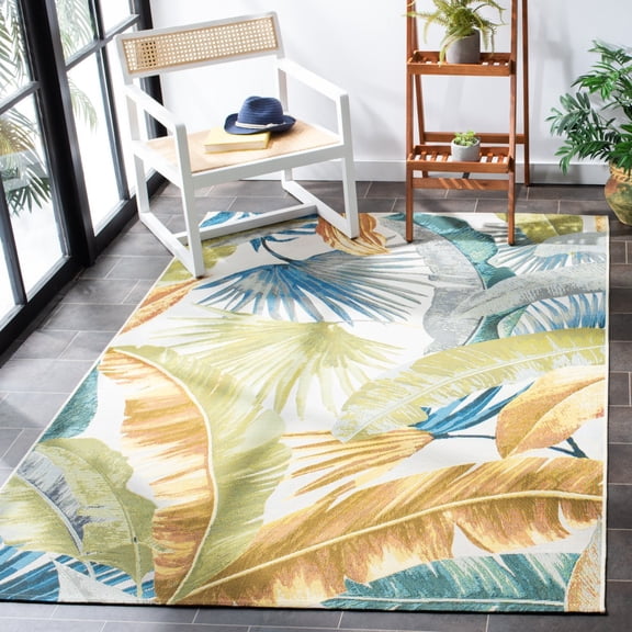 SAFAVIEH Barbados Banana Leaves Outdoor Area Rug, Gold/Green, 6'6" x 6'6" Square