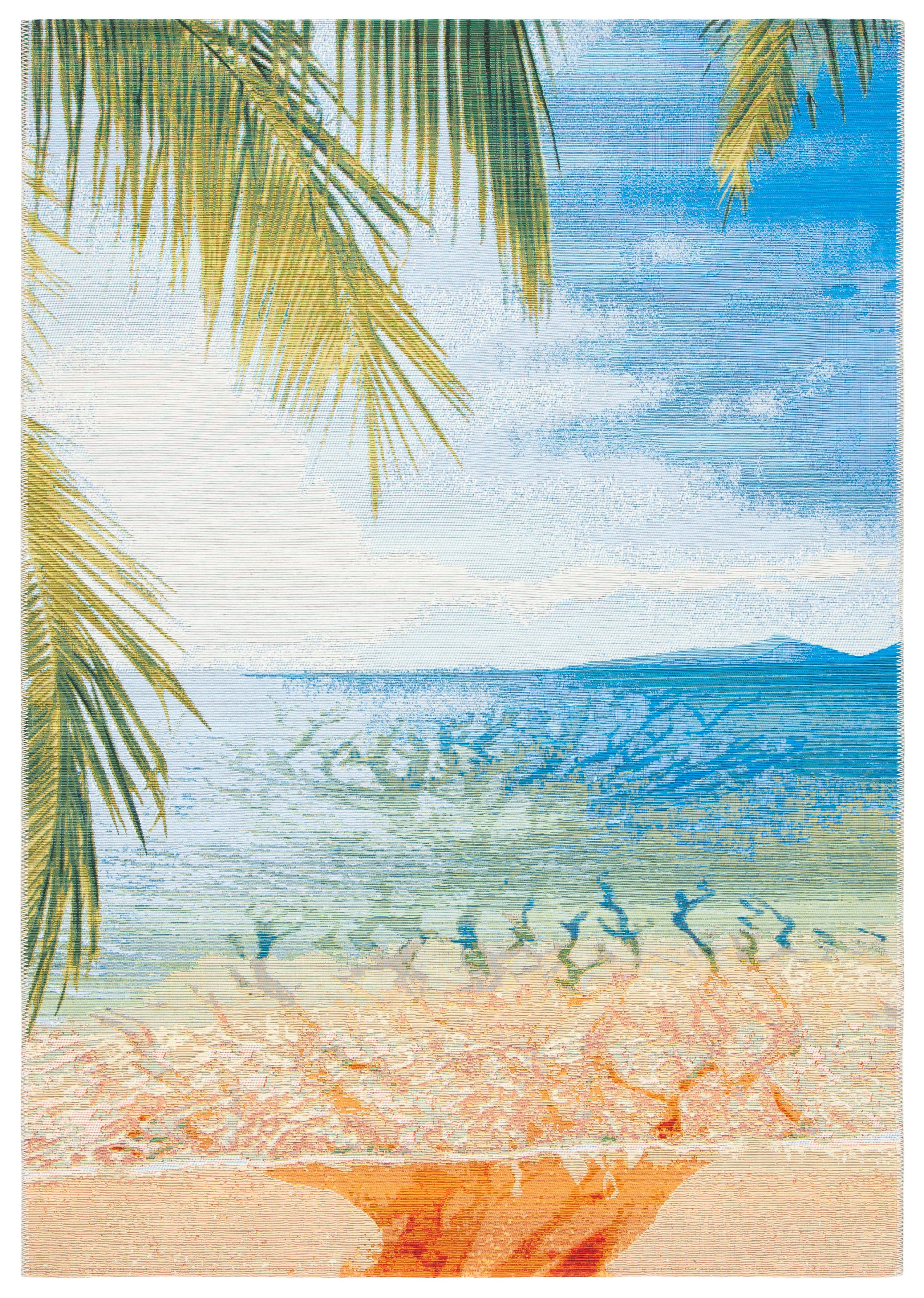 SAFAVIEH Barbados Beach Waves Outdoor Area Rug, 5'3" x 7'6", Gold/Blue