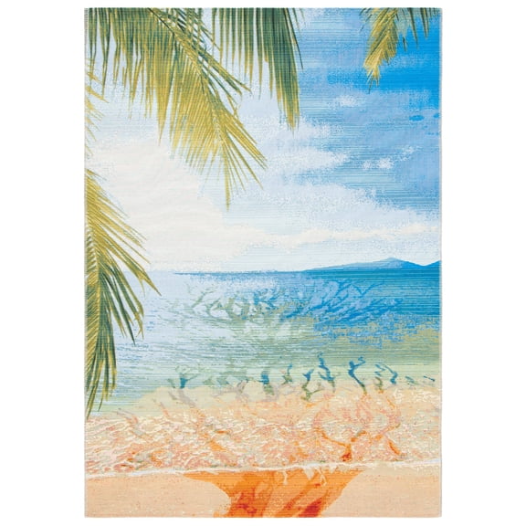 SAFAVIEH Barbados Beach Waves Outdoor Area Rug, 5'3" x 7'6", Gold/Blue