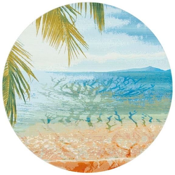 SAFAVIEH Barbados Beach Waves Outdoor Area Rug, Gold/Blue, 6'6" x 6'6" Round