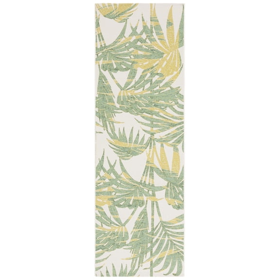 SAFAVIEH Barbados Cahir Botanical Indoor/Outdoor Runner Rug, Ivory/Green, 2'8" x 8'