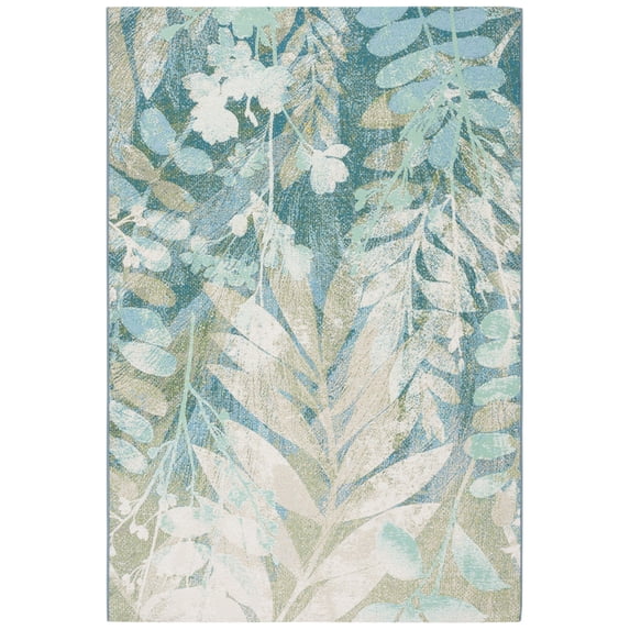 SAFAVIEH Barbados Carmen Botanical Indoor/Outdoor Area Rug, Blue Green/Ivory, 4' x 6'