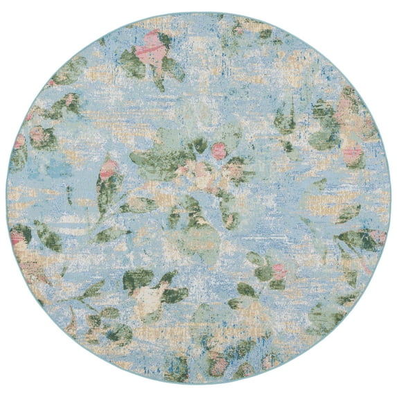 SAFAVIEH Barbados Cedric Floral Indoor/Outdoor Area Rug, Light Blue/Green, 6'6" x 6'6" Round
