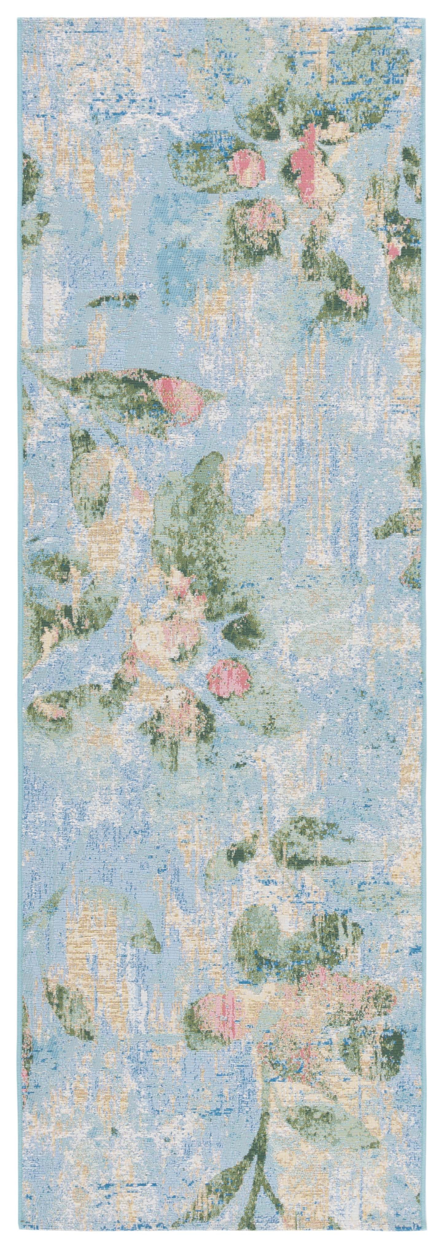 SAFAVIEH Barbados Cedric Floral Indoor/Outdoor Runner Rug, Light Blue/Green, 2'8" x 8'