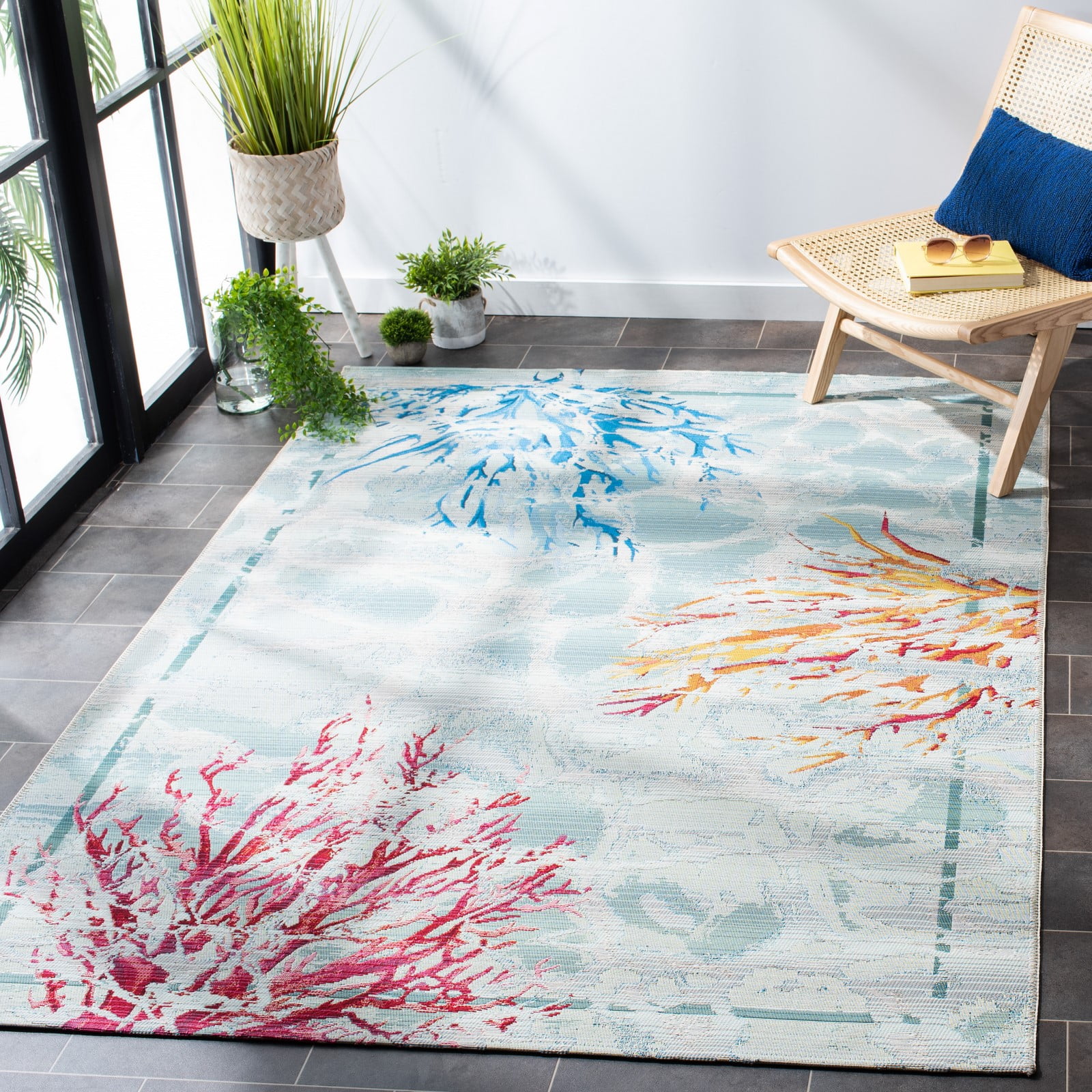 Teal & White Synthetic Rectangular Easy-Care Area Rug, 6'6" x 9'4"