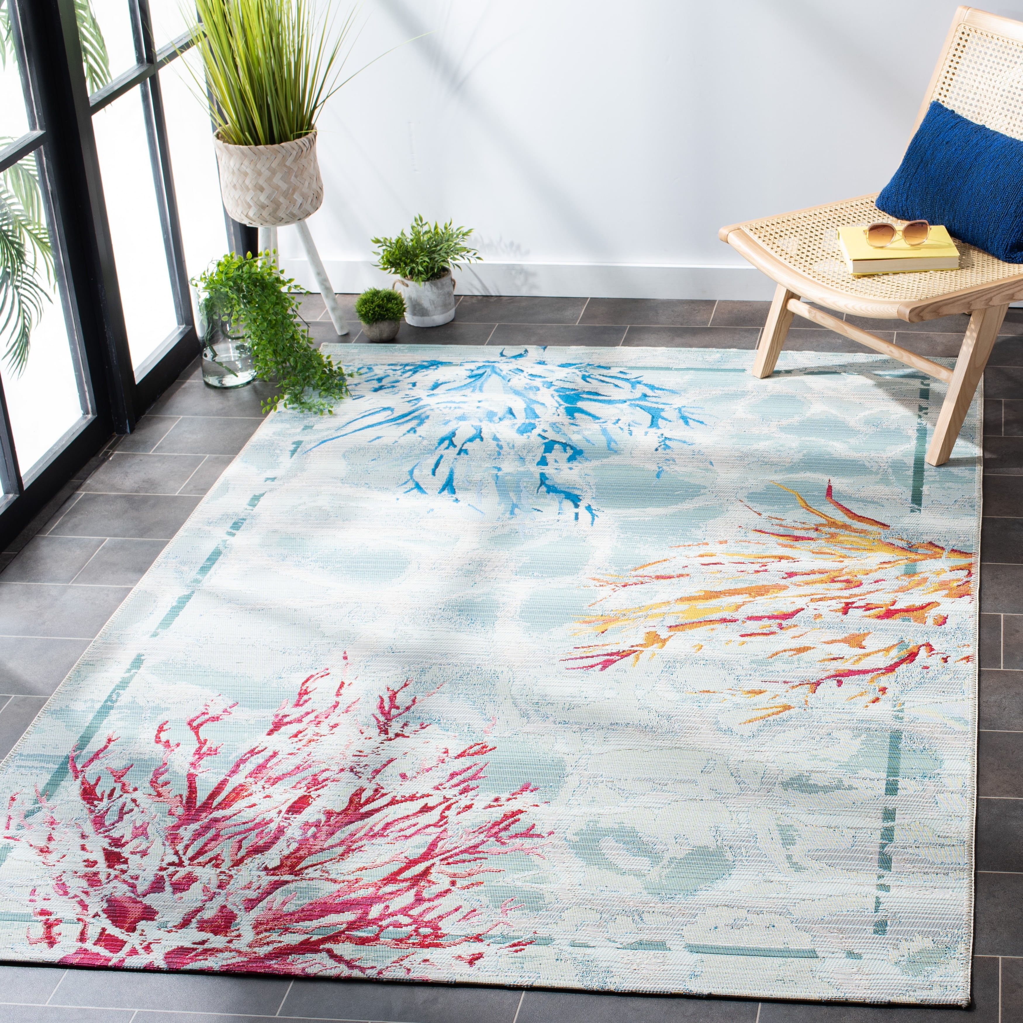 Tropical Bliss Teal & White Flat-Woven Outdoor Rug 8' x 10'