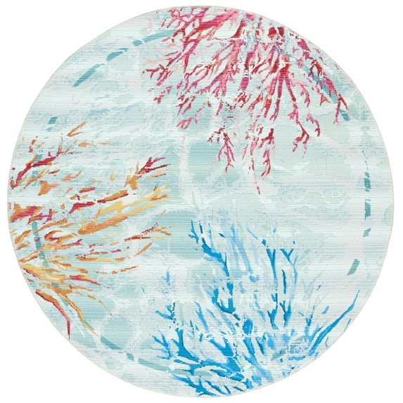 SAFAVIEH Barbados Coral Outdoor Area Rug, Teal/White, 5'3" x 5'3" Round