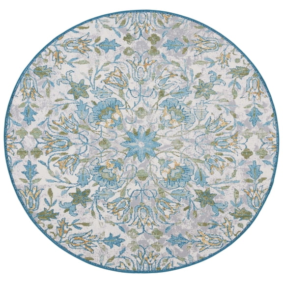 SAFAVIEH Barbados Corwin Floral Indoor/Outdoor Area Rug, Ivory/Light Blue, 6'6" x 6'6" Round