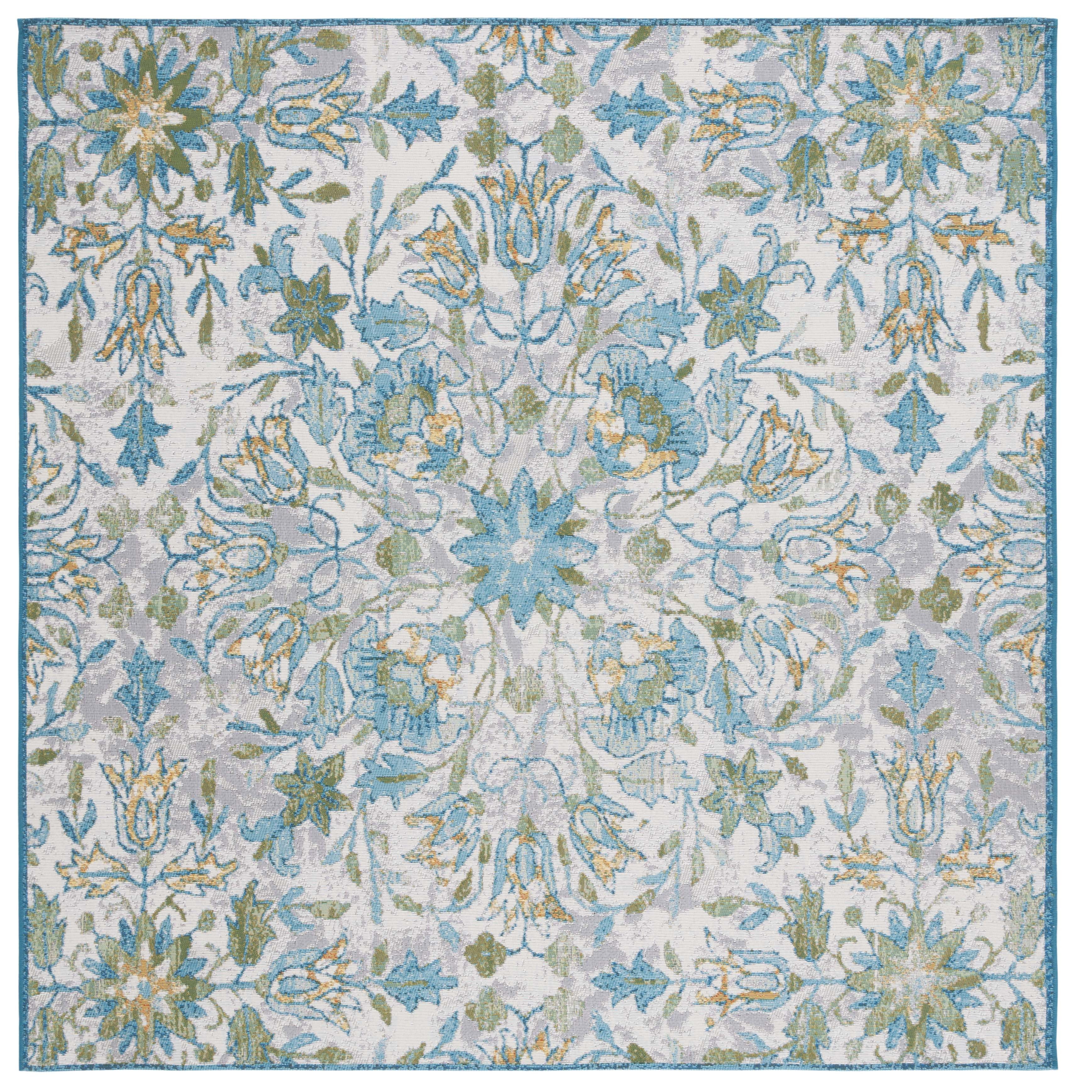 Ivory and Light Blue Synthetic Square Indoor/Outdoor Area Rug