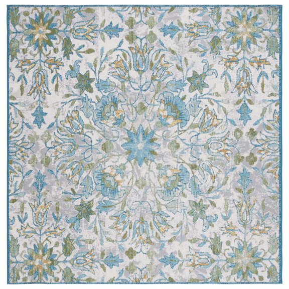 SAFAVIEH Barbados Corwin Floral Indoor/Outdoor Area Rug, Ivory/Light Blue, 6'6" x 6'6" Square