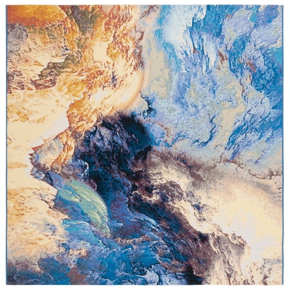 SAFAVIEH Barbados Creighton Abstract Indoor/Outdoor Area Rug, Blue/Rust Gold, 6'6" x 6'6" Square