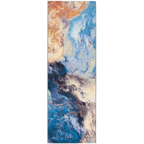 SAFAVIEH Barbados Creighton Abstract Indoor/Outdoor Runner Rug, Blue/Rust Gold, 2'8" x 8'