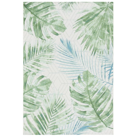 SAFAVIEH Barbados Distressed Palm Leaves Outdoor Area Rug, Green/Teal, 3'3" x 5'3"