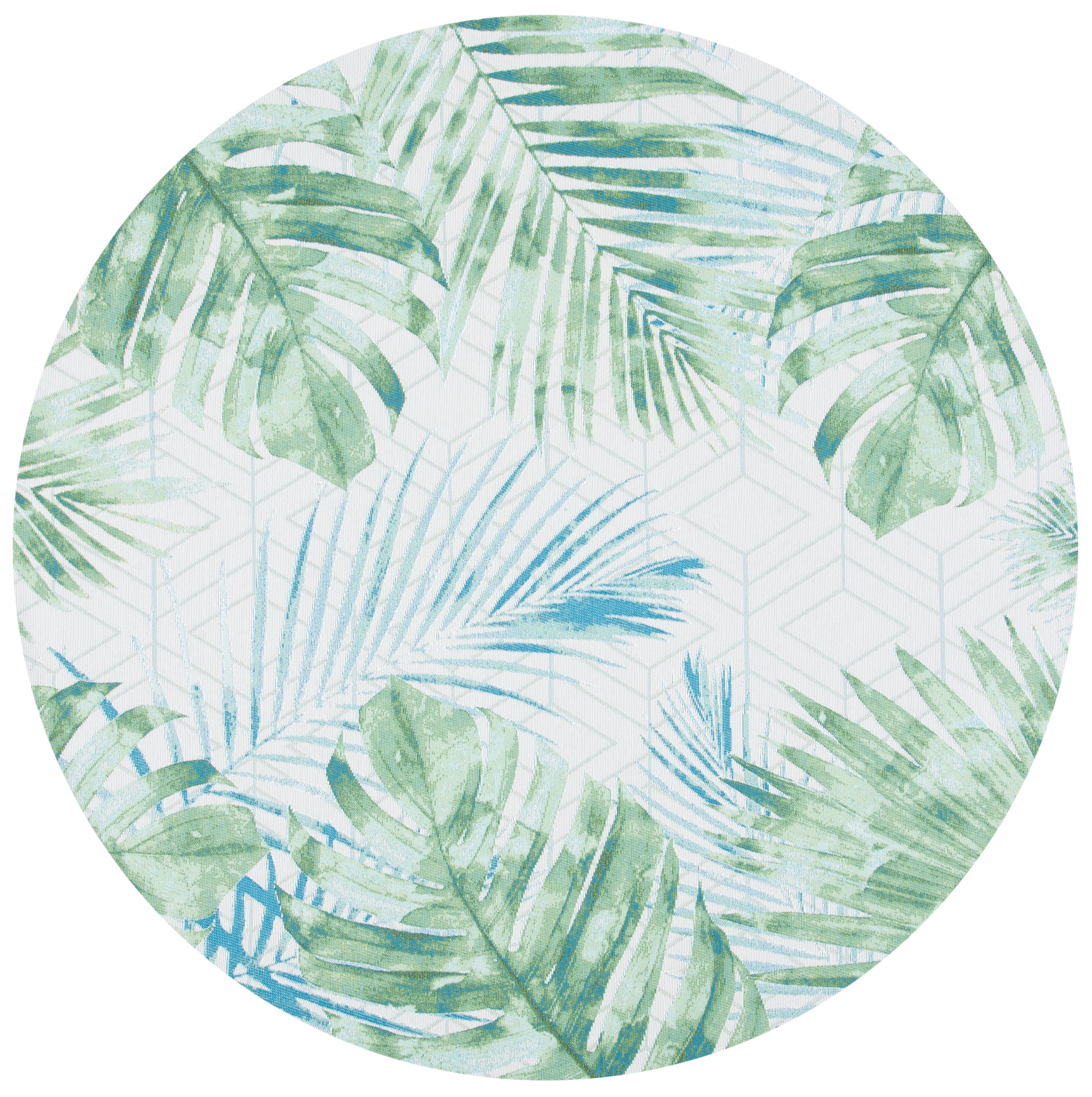 SAFAVIEH Barbados Distressed Palm Leaves Outdoor Area Rug, Green/Teal, 6'6" x 6'6" Round